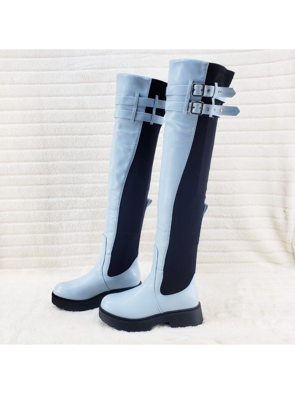 Techno Baby Blue Lycra Stretch Lug Sole Thigh High Combat Rider Brand New - Picture 7 of 16